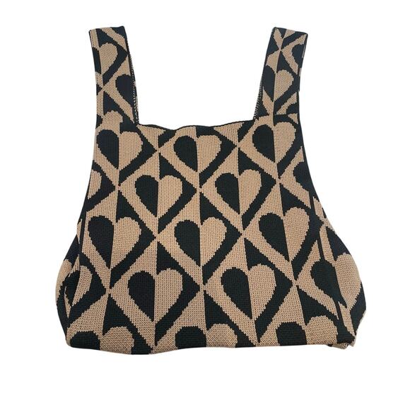 Unbranded Black Beige Heart Print Knit Mini Tote Bag - Picture 1 of 6